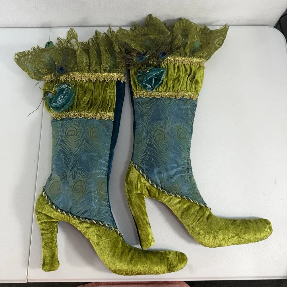 Pier 1 Peacock Boot Stockings Set Of 2 Victorian Velvet Glam Fancy Christmas‎